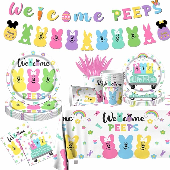 Welcome Bunny Tableware 142pcs Mouse Happy Easter Party Decoration