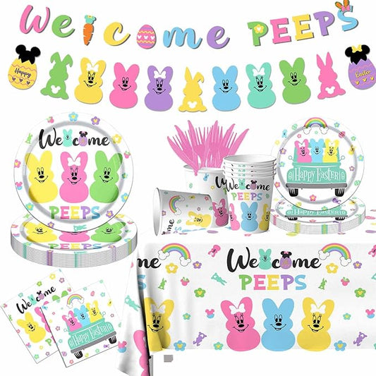 Welcome Bunny Tableware 142pcs Mouse Happy Easter Party Decoration