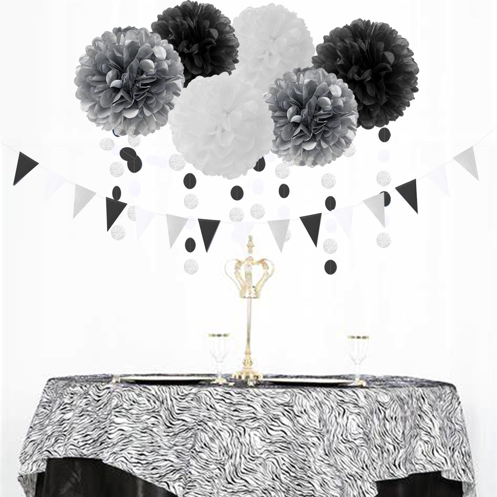Black White Silver Party-Decorations Streamers - 23pcs Tissue Pom