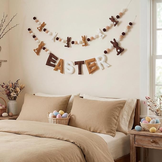 Breling 2 Pcs 6.5ft Easter Bunny Garland 3D Colorful Felt Happy