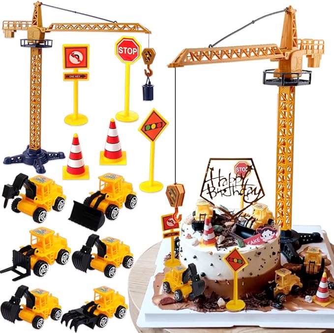 Construction Cake Topper Large Crane Excavator Traffic Road Sign