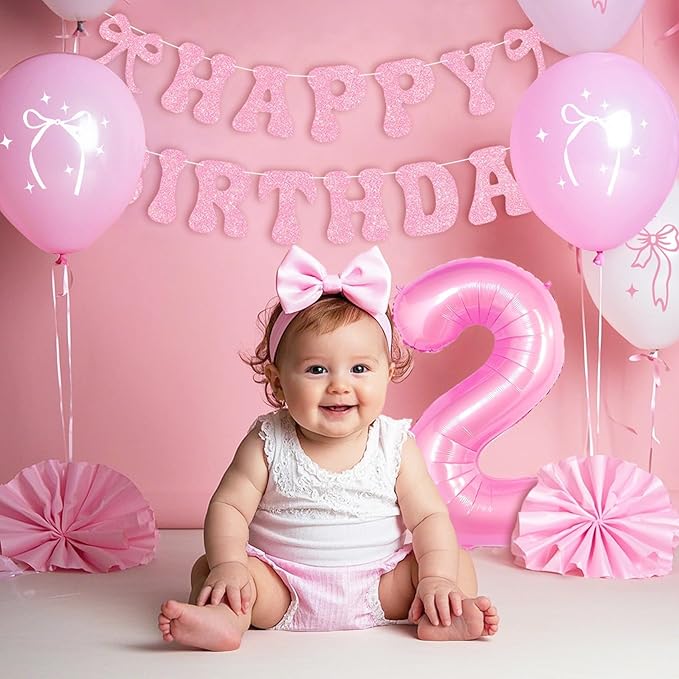 2nd Birthday Decorations for Baby Girls Pink Bow Coquette 2 Birthday