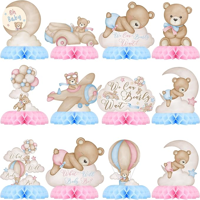 Gender Reveal Party Decorations Blue Pink Bear Honeycomb