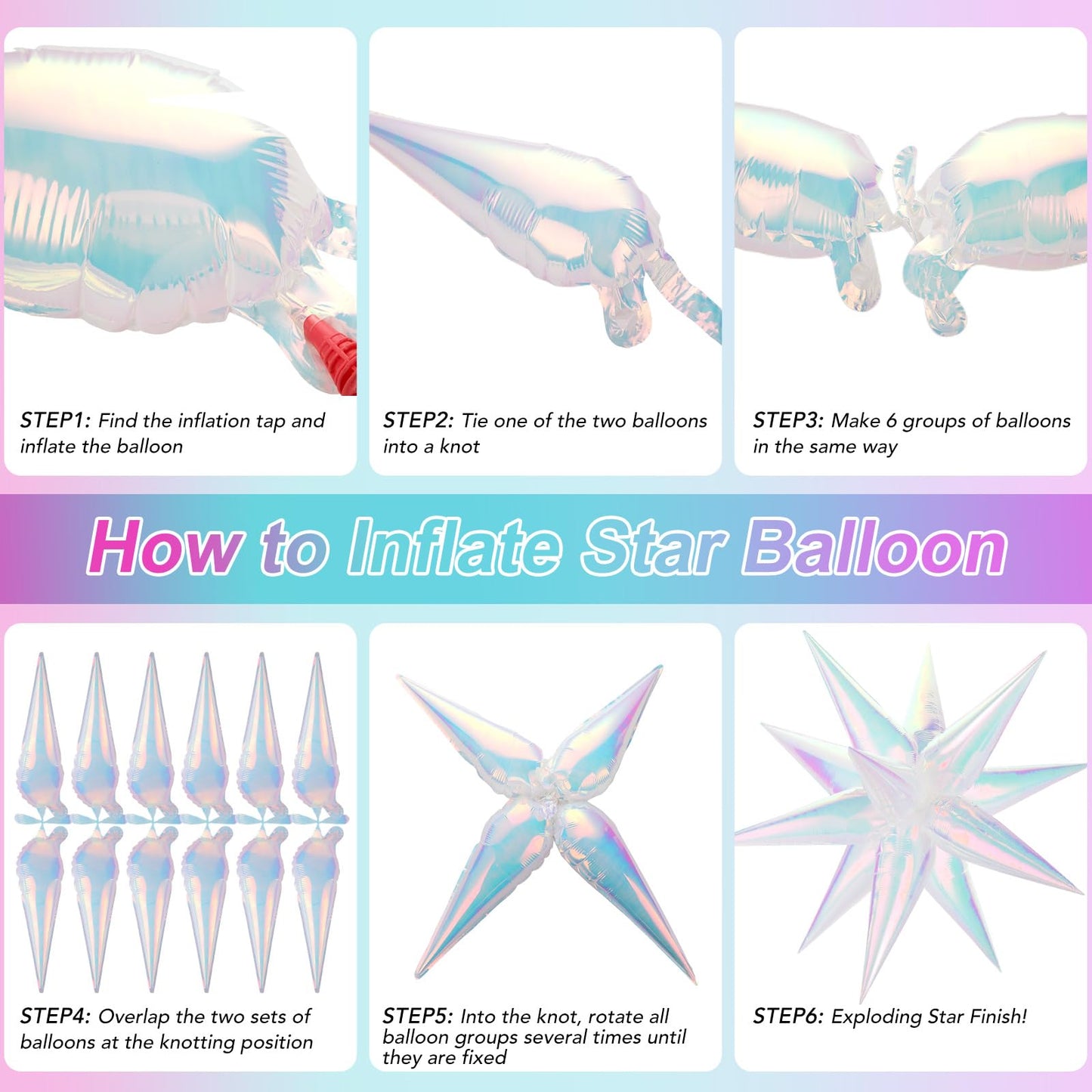 74 PCS Iridescent Star Balloons Foil, 26 Inch Explosion Cone Balloons