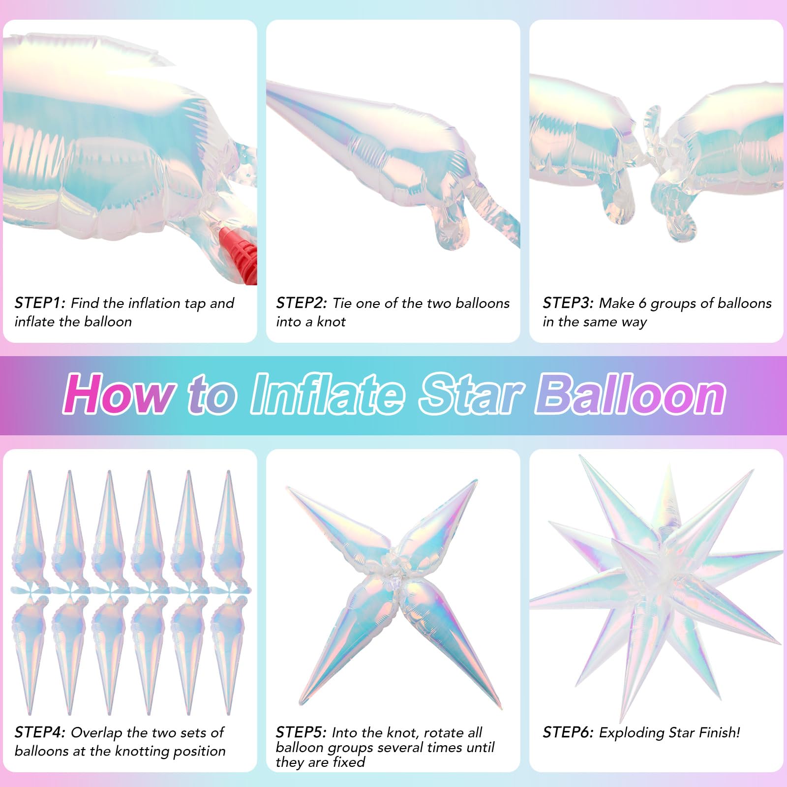 74 PCS Iridescent Star Balloons Foil, 26 Inch Explosion Cone Balloons