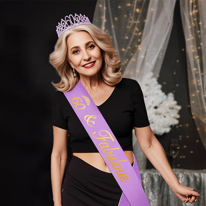 60th Birthday Decorations for Women Purple with 60th Birthday Sash