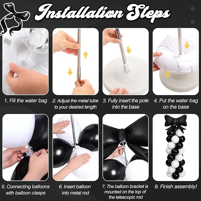 2 Sets Black White Bow Balloon Column Stand Kit Includes 2 Bows & 100