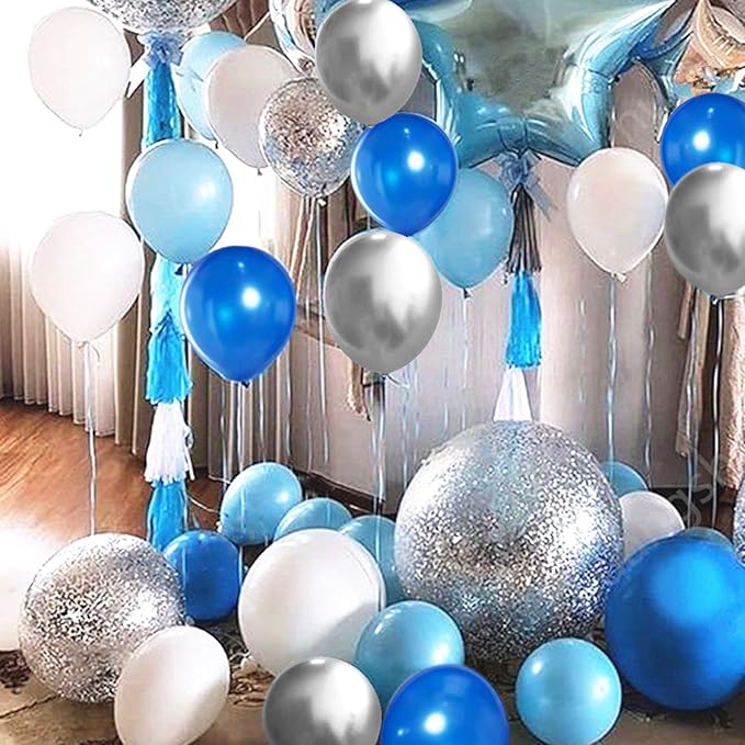 OuMuaMua 62pcs Blue Silver White Confetti Balloons Kit, 12 Inch White
