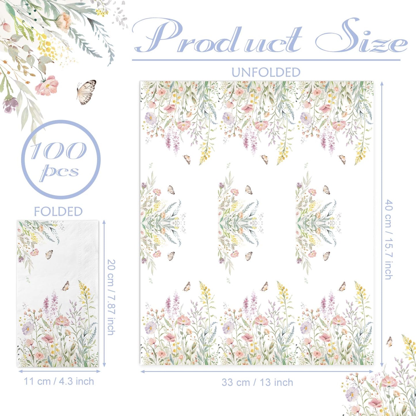 100 Spring Flower Napkins - Watercolor Wild Flower Disposable Hand
