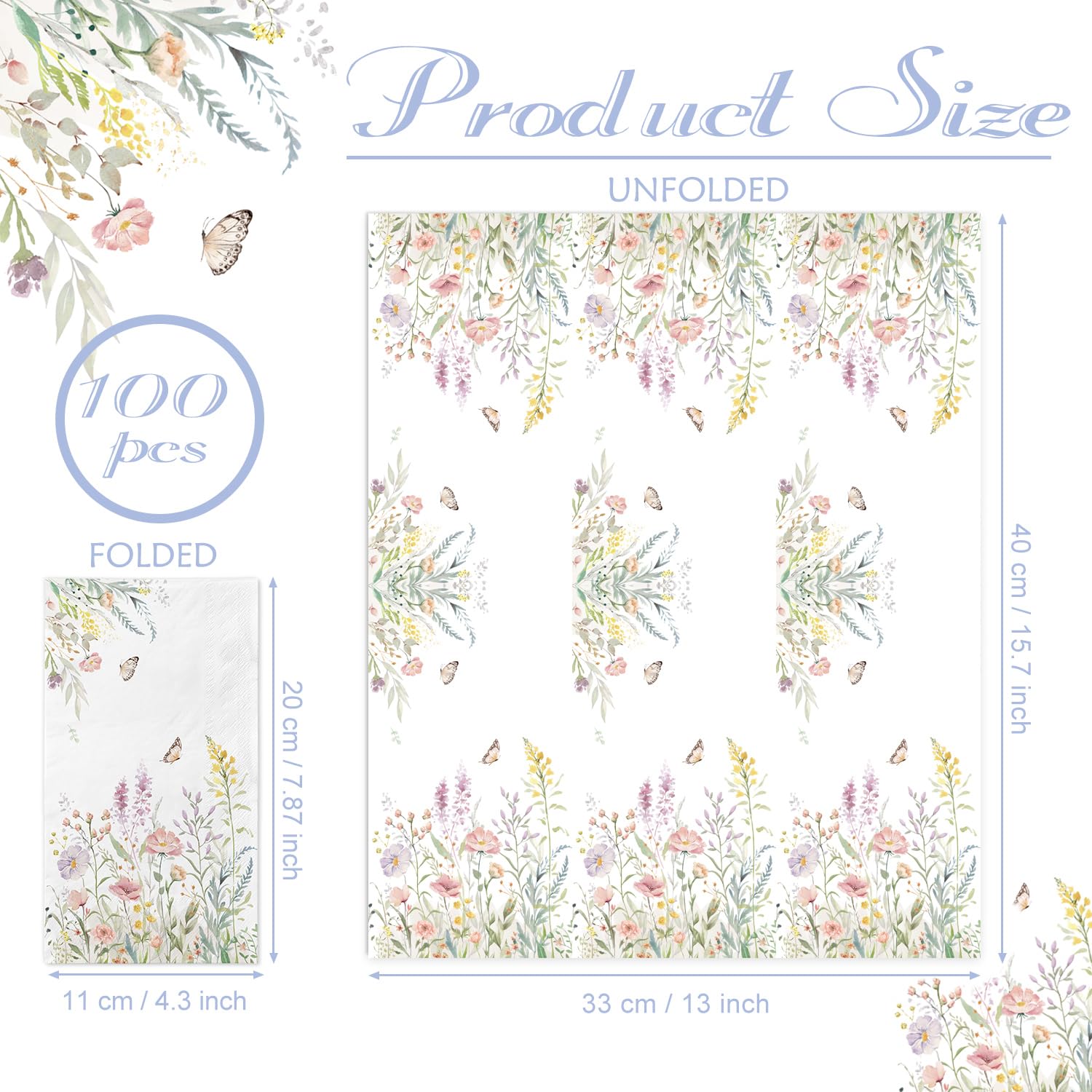100 Spring Flower Napkins - Watercolor Wild Flower Disposable Hand