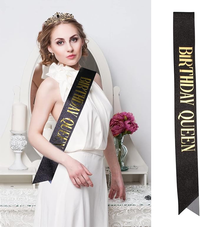 Black & Gold Party Decorations - Happy Birthday Crown Tiara Sash,