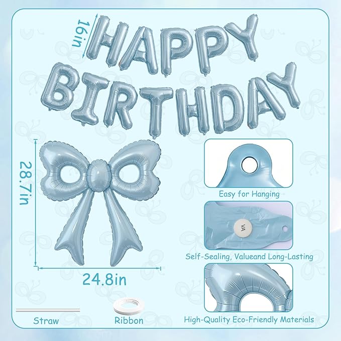 Blue Happy Birthday Balloons, 31”Huge Light Blue Bow Aluminum Foil