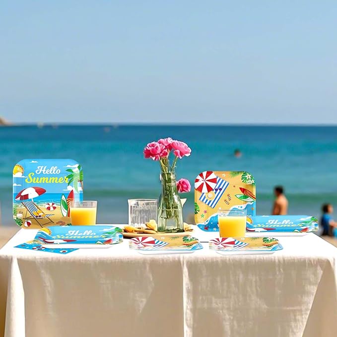 200Pcs Beach Party Supplies Hello Summer Party Plates and Napkins