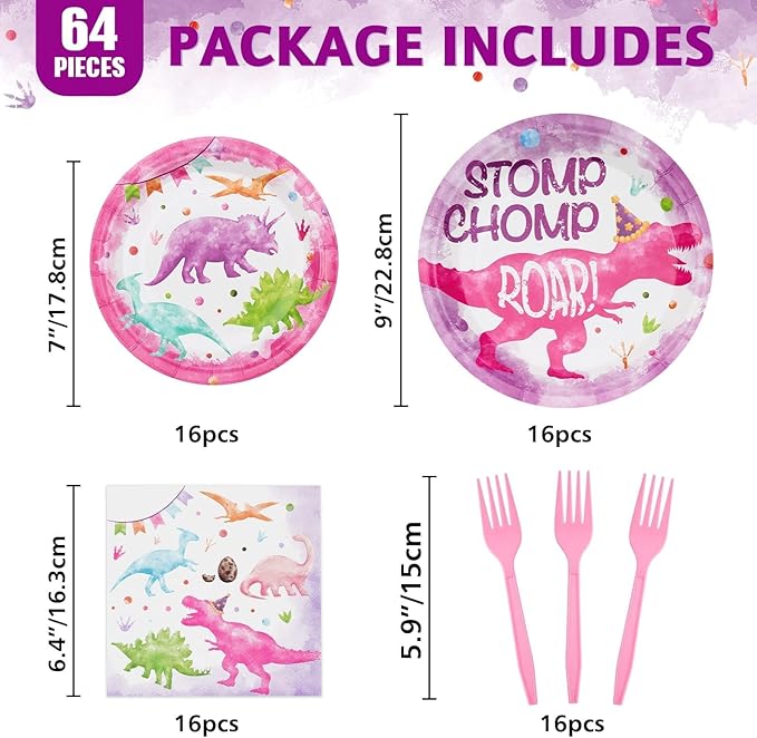 Girl Dinosaur Party Decorations 64 PCS Dinosaur Plates Napkins and