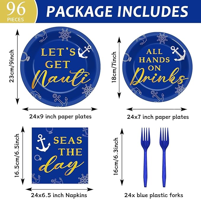 96 Pcs Nautical Bachelorette Party Plates and Napkins for Let's Get