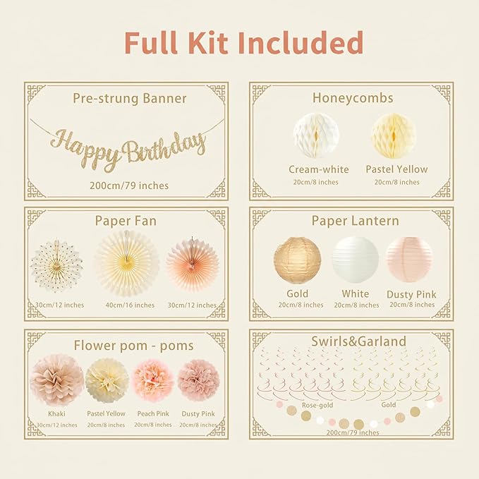 Champagne-Gold Birthday Party Decorations Kit-26 Piece- Glittery