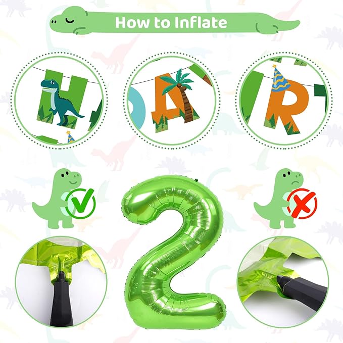 Dinosaur 2nd Birthday Party Decorations for Boys Girls Foil Green