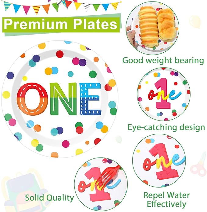 96pcs Rainbow 1st Birthday Plates and Napkins Confetti Happy