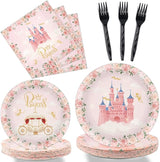 96 Pcs Princess Party Supplies Pink Floral Tableware Set With Plates