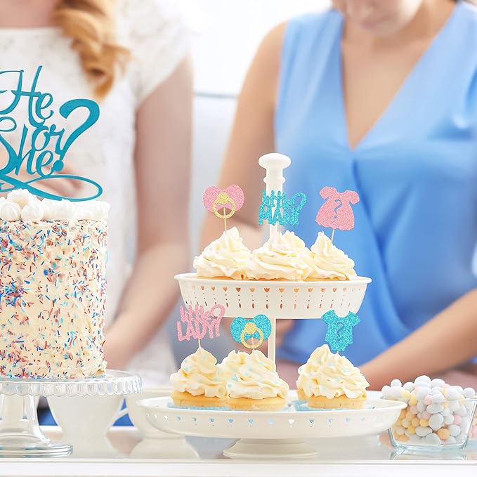 24Pcs Boy or Girl Cupcake Toppers Glitter Gender Reveal Onesie