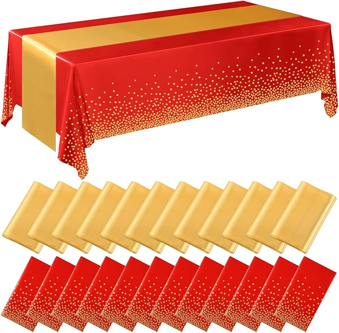 Breling 24 Pack Red and Gold Disposable Plastic Tablecloths and Satin
