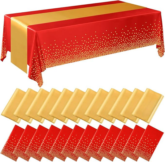 Breling 24 Pack Red and Gold Disposable Plastic Tablecloths and Satin