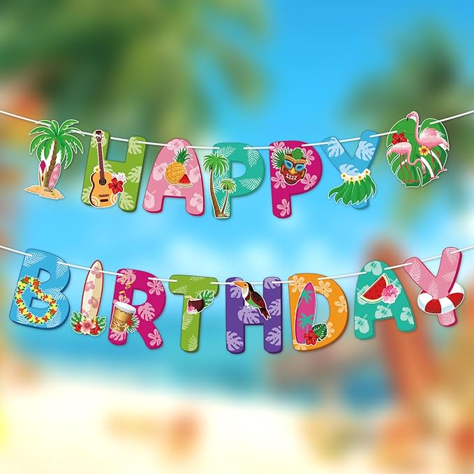 Hawaiian Party Happy Birthday Banner Tropical Luau Birthday Banner