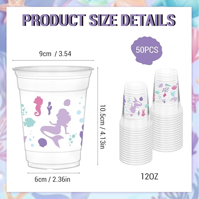 50Pcs Mermaid Cups 12 Oz Mermaid Party Cups for Baby Shower Ocean