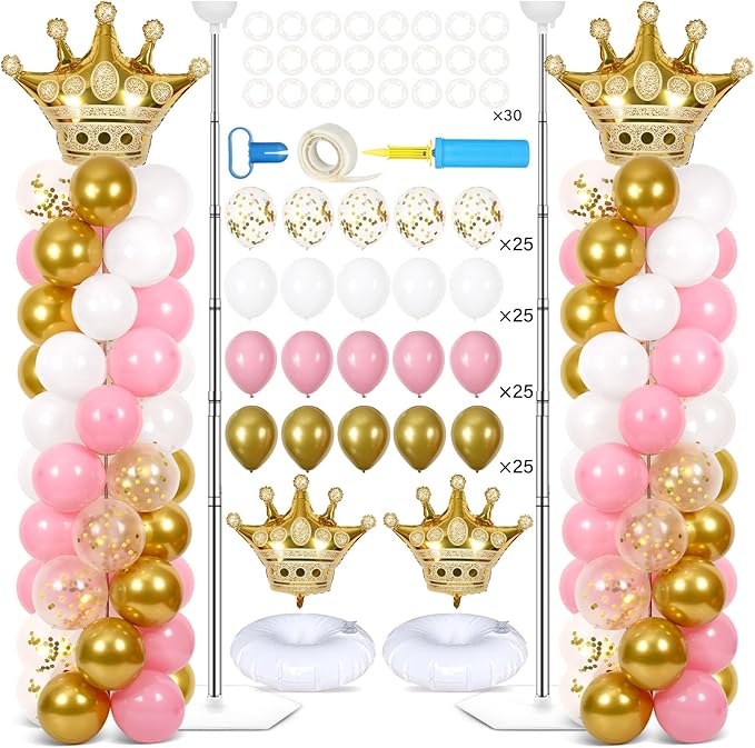 2 Sets Princess Party Balloon Column Stand Kit With 102 Crown Foil