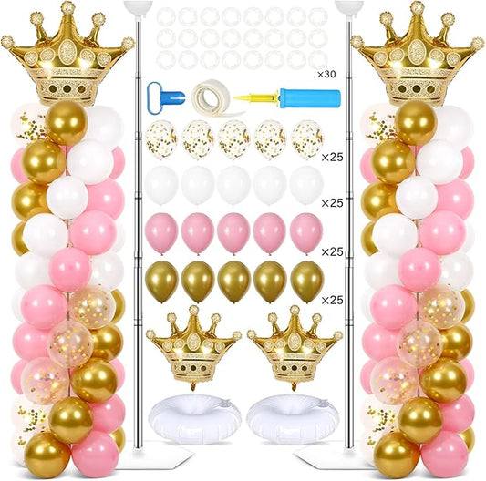 2 Sets Princess Party Balloon Column Stand Kit With 102 Crown Foil