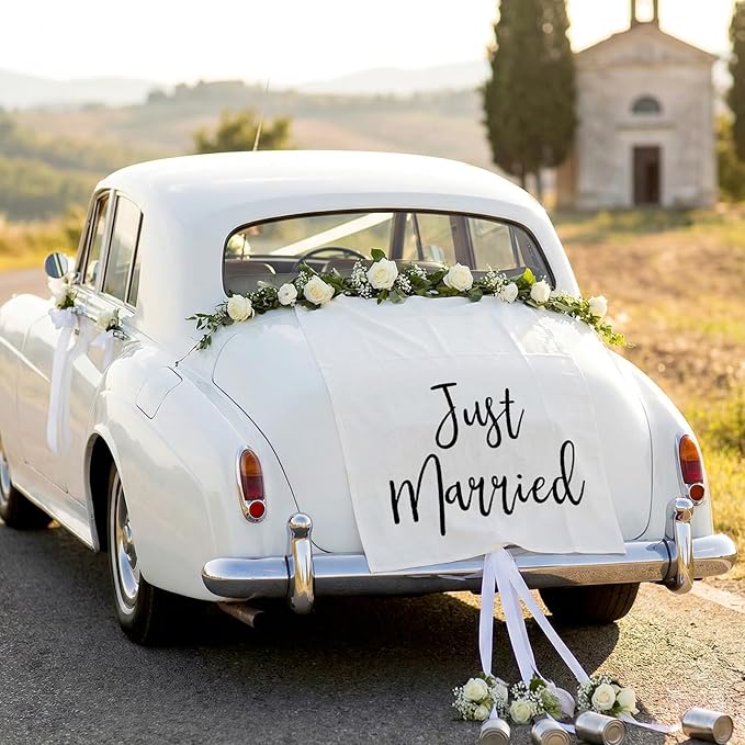 Just Married Car Decorations 24 x 60 Inch Just Married Linen Sign