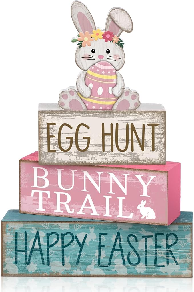 4 Pcs Easter Bunny Table Decor Wooden Pastel Bunny 3 tier Wooden