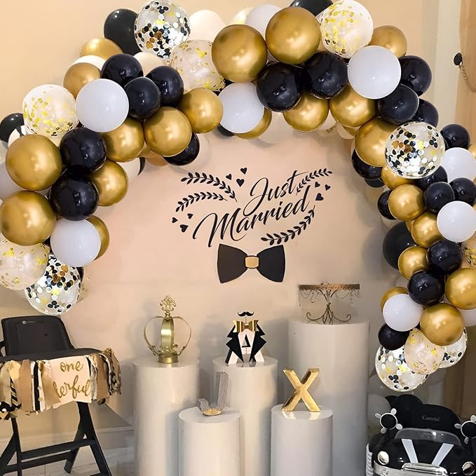 72 Pack Black Gold Confetti Balloons Kit, 12 Inch Black Gold White