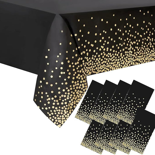 8 Packaging Black and Gold Plastic Tablecloth, 54 inch x108 inch