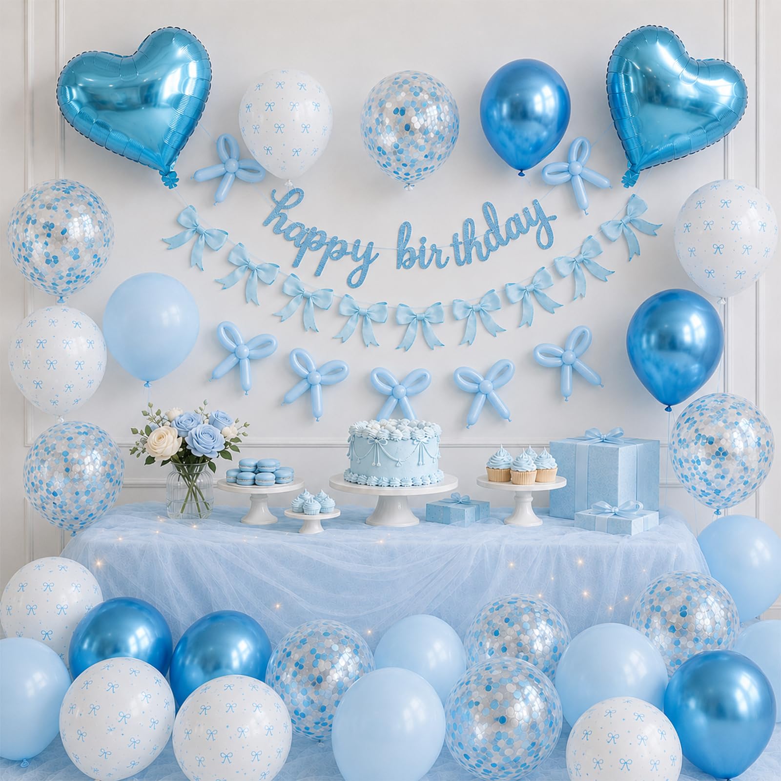 Blue Bow Birthday Decorations, Coquette Party Decor with Happy