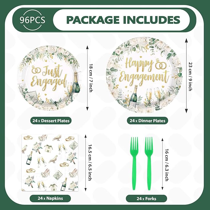 96Pcs Happy Engagement Party Decorations Watercolor Eucalyptus