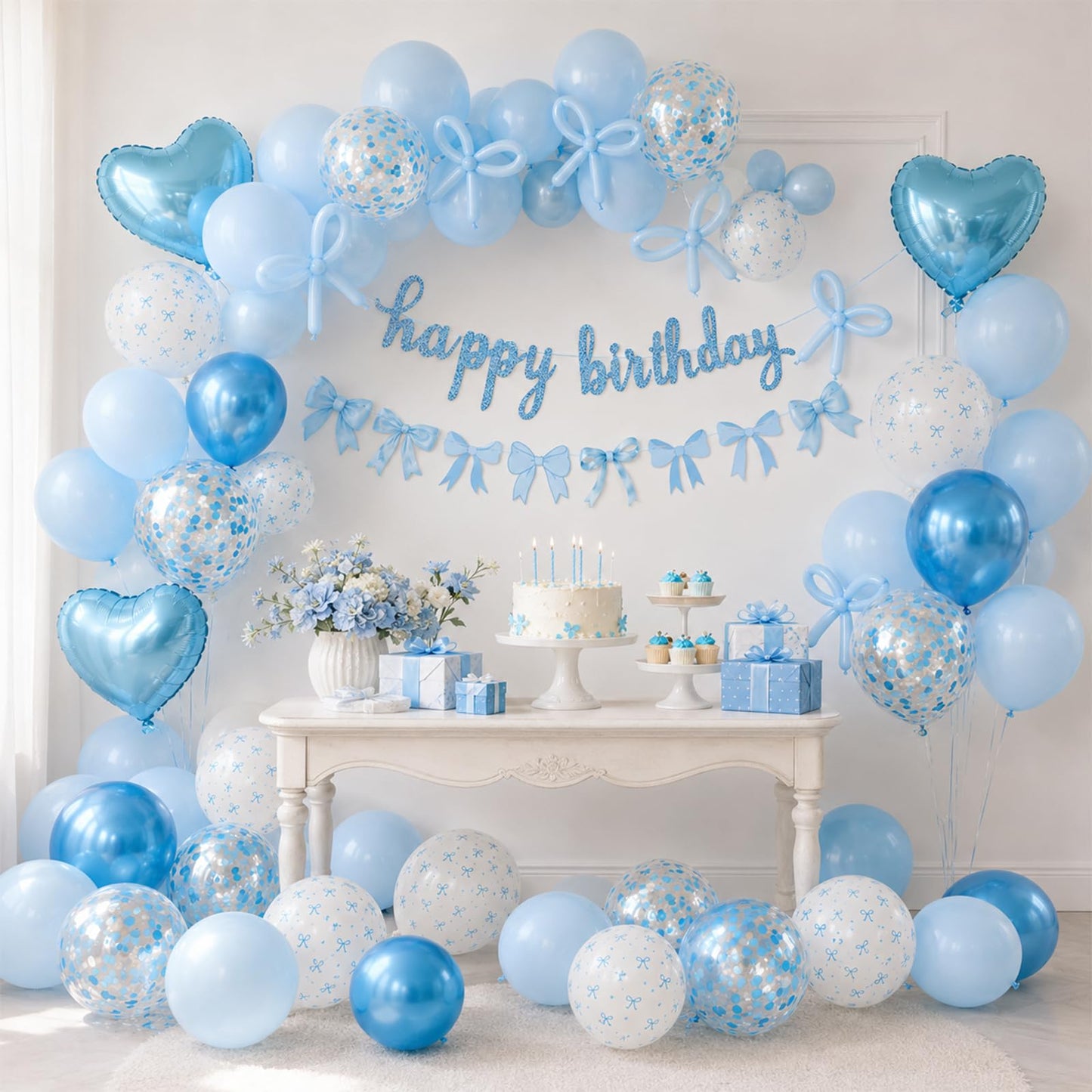 Blue Bow Birthday Decorations, Coquette Party Decor with Happy