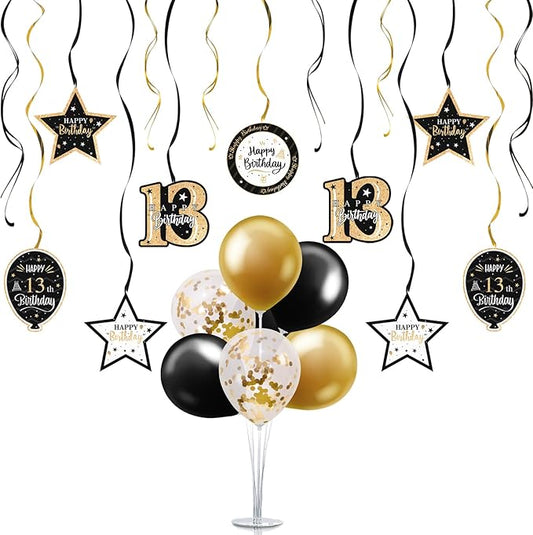 Happy 13th Birthday Black & Gold Balloon Set 13th Birthday Swirls