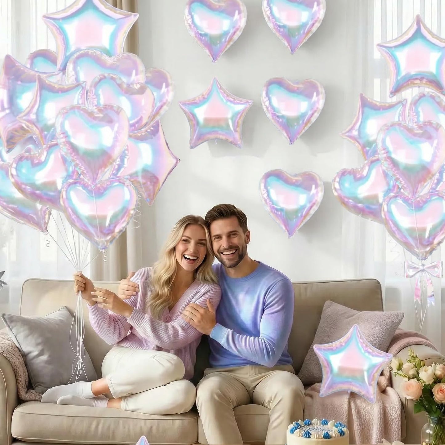 Iridescent Heart Balloons, 12PCS Holographic Clear Star Balloons, 18