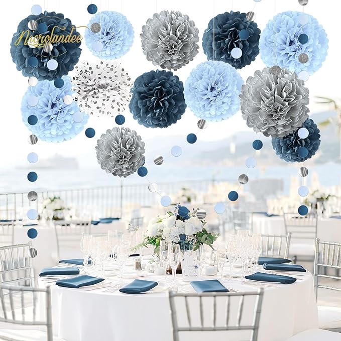 Dusty Blue Wedding Decorations 15 PCS Tissue Pom Poms Paper Garland
