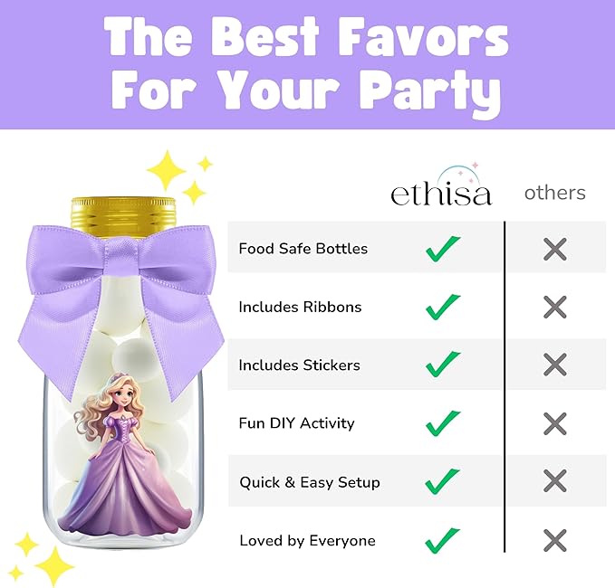 Small 12 Pack Princess Party Favors DIY Candy Jars with Ribbons and