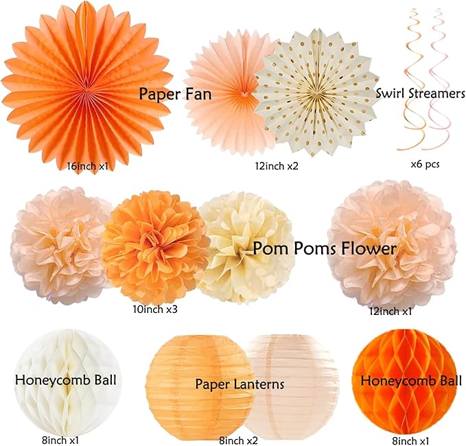 Orange Peach Fall Boho Birthday Party Decorations 62pcs Happy