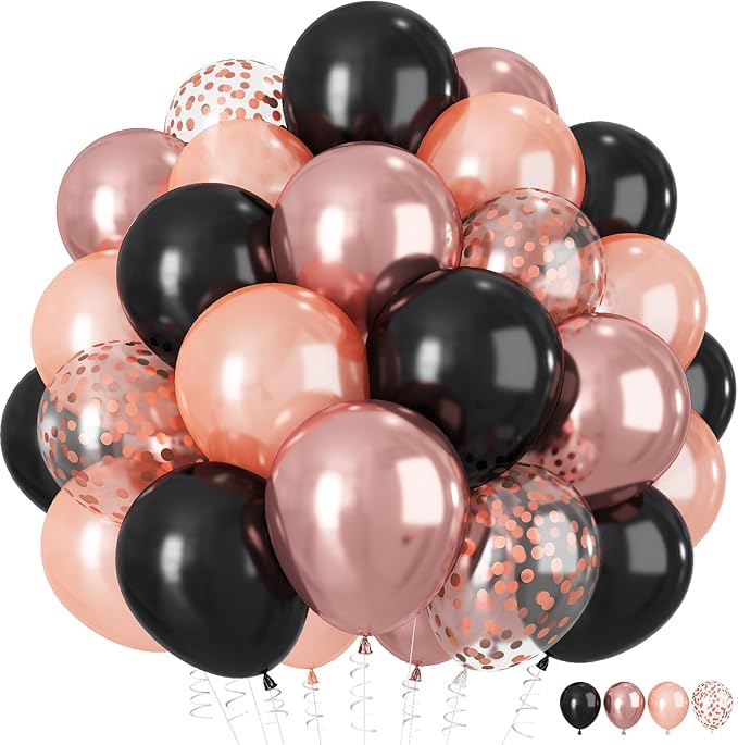 HILAVO Rose Gold and Black Balloons, 12Inch Metallic Rose Gold and