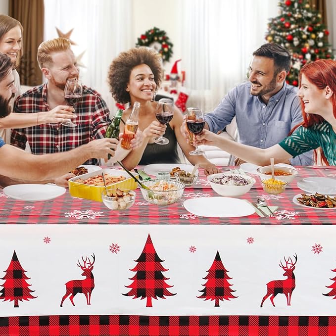 3PCS Christmas Tablecloth Red and Black Buffalo Plaid Rectangular