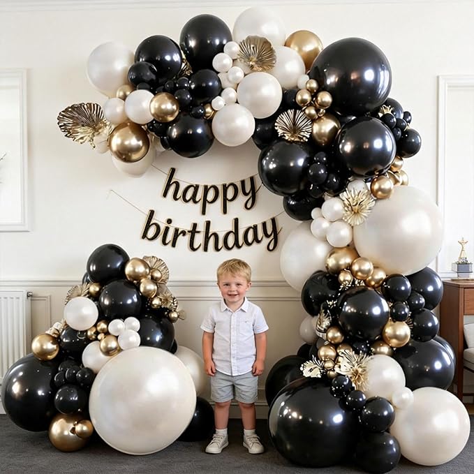 Black and Gold Balloon Arch Kit, Double Stuffed 129 Pcs Gold and