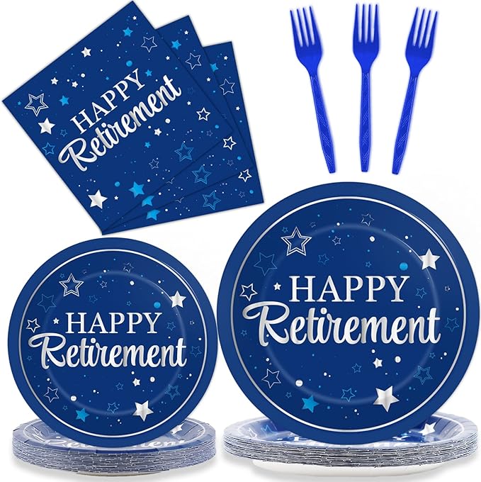 96Pcs Blue Retirement Plates and Napkins Blue Silver Retirement