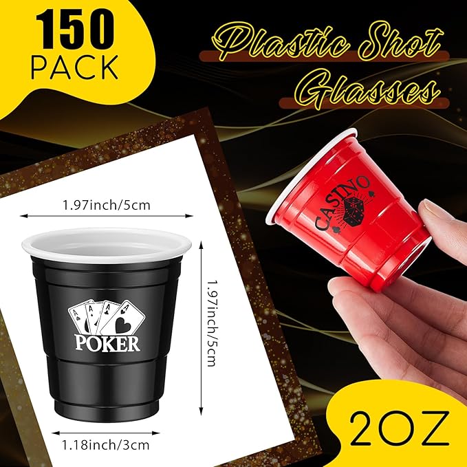 150 Pcs Casino Party Cups 2 oz Plastic Shot Glass Poker Tumbler for