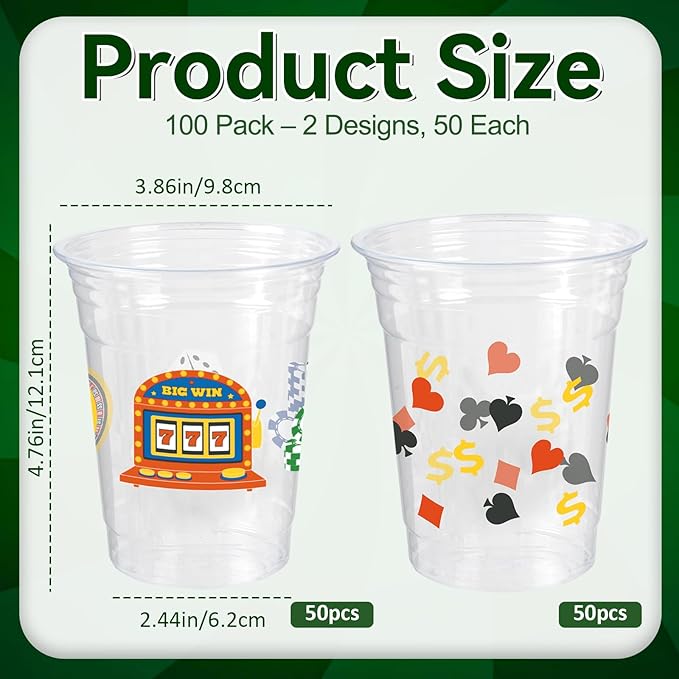 100 Pcs Casino Party Cups 16 Oz Casino Plastic Cup Poker Clear