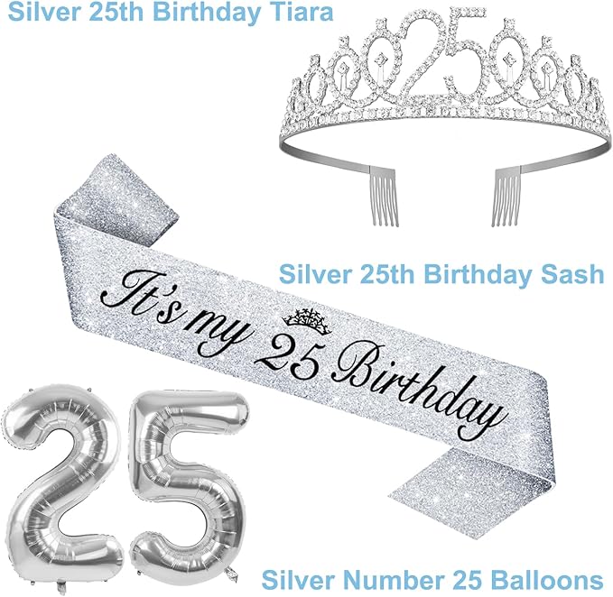 25th Birthday Decorations for Women Silver with 25th Birthday Sash