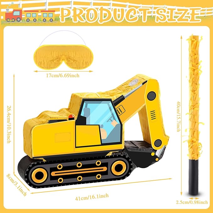 Construction Dump Excavator Piñata with Blindfold and Bat Tractor